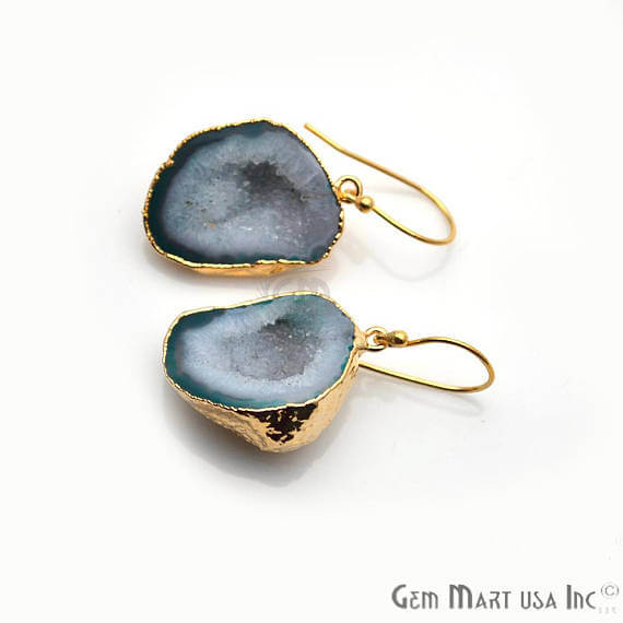 Green Geode Druzy Organic Shape 28x20mm Gold Electroplated Gemstone Dangle Hook Earring - GemMartUSA