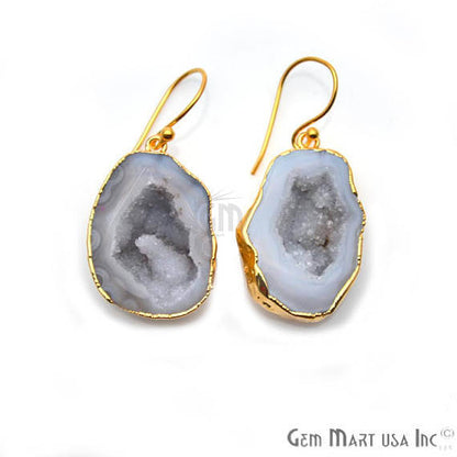 White Geode Druzy Organic Shape 22x31mm Gold Electroplated Gemstone Dangle Hook Earring - GemMartUSA