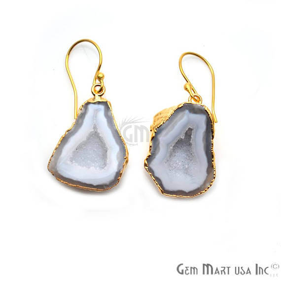 White Geode Druzy Organic Shape 28x19mm Gold Electroplated Gemstone Dangle Hook Earring - GemMartUSA