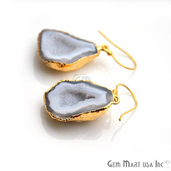 White Geode Druzy Organic Shape 28x19mm Gold Electroplated Gemstone Dangle Hook Earring - GemMartUSA