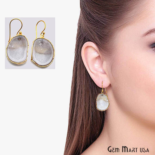 White Geode Druzy Organic Shape 35x22mm Gold Electroplated Gemstone Dangle Hook Earring - GemMartUSA