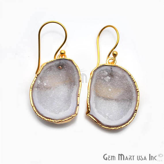 White Geode Druzy Organic Shape 35x22mm Gold Electroplated Gemstone Dangle Hook Earring - GemMartUSA