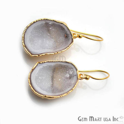 White Geode Druzy Organic Shape 35x22mm Gold Electroplated Gemstone Dangle Hook Earring - GemMartUSA