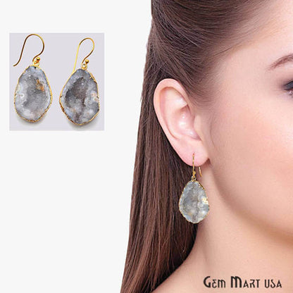 White Geode Druzy Organic Shape 29x20mm Gold Electroplated Gemstone Dangle Hook Earring - GemMartUSA