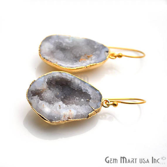 White Geode Druzy Organic Shape 29x20mm Gold Electroplated Gemstone Dangle Hook Earring - GemMartUSA