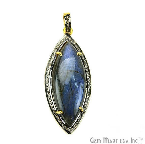 Labradorite Cabochon with Natural Pave Diamond Setting 42x18mm Gold Vermeil Gemstone Necklace Pendant - GemMartUSA