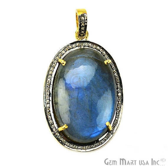 Labradorite Cabochon with Natural Pave Diamond Setting 34x22mm Gold Vermeil Gemstone Necklace Pendant - GemMartUSA