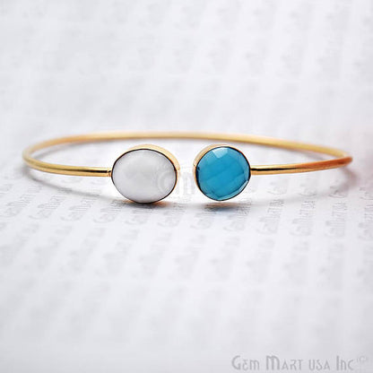 Sky Blue Chalcedony & White Agate Adjustable Interlock Gold Plated Stacking Bangle Bracelet - GemMartUSA