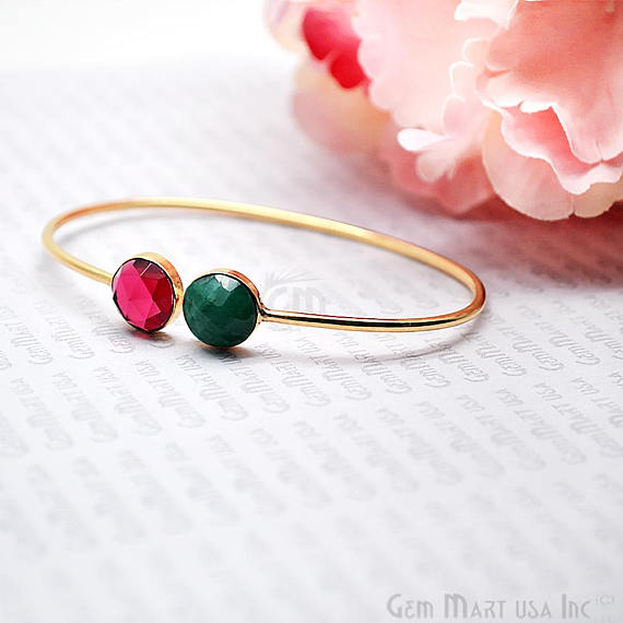 Pink Tourmaline & Emerald 10mm Round Adjustable Interlock Gold Plated Bangle Bracelet - GemMartUSA