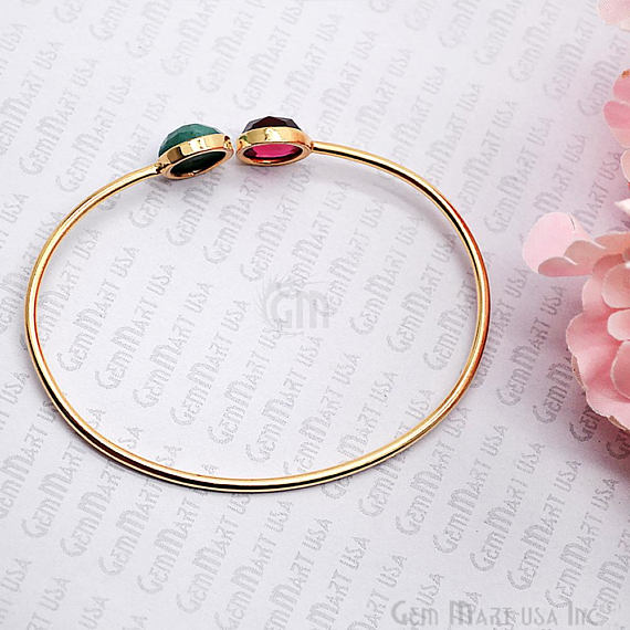 Pink Tourmaline & Emerald 10mm Round Adjustable Interlock Gold Plated Bangle Bracelet - GemMartUSA