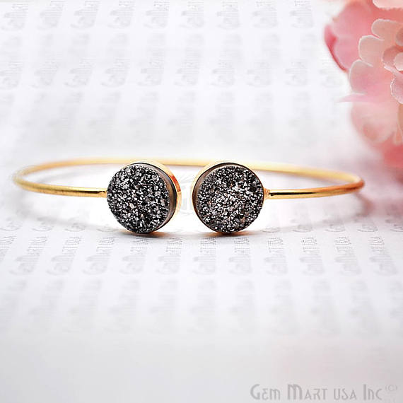 Platinum Druzy Round Shape Adjustable Gold Plated Bangle Bracelet - GemMartUSA