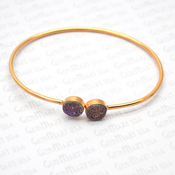 Double 8mm Round Druzy Gemstone Adjustable Gold Plated Stacking Bangle Bracelet - GemMartUSA