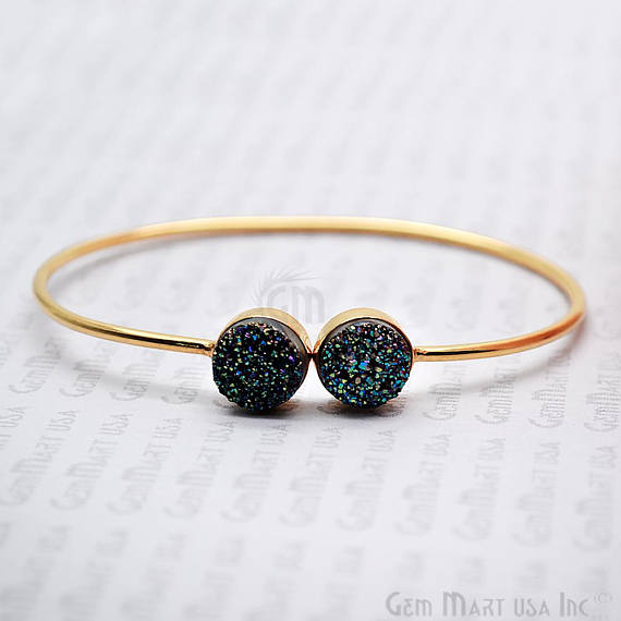 Double 10mm Round Druzy Gemstone Adjustable Gold Plated Stacking Bangle Bracelet - GemMartUSA