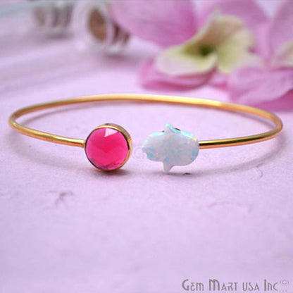 Pink Tourmaline & White Opal Adjustable Interlock Gold Plated Stacking Bangle Bracelet - GemMartUSA