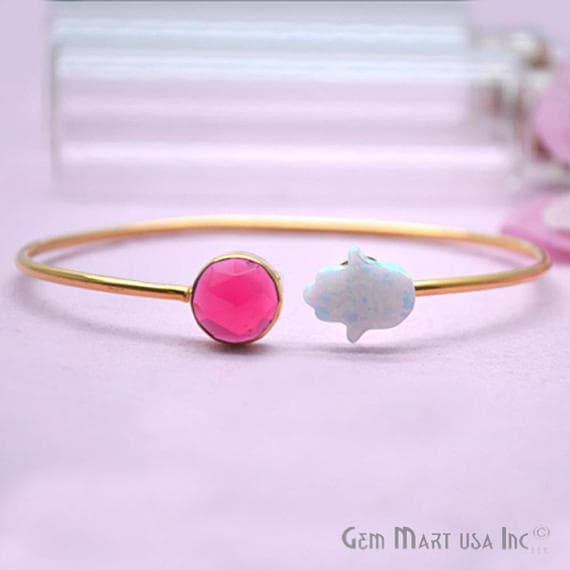 Pink Tourmaline & White Opal Adjustable Interlock Gold Plated Stacking Bangle Bracelet - GemMartUSA