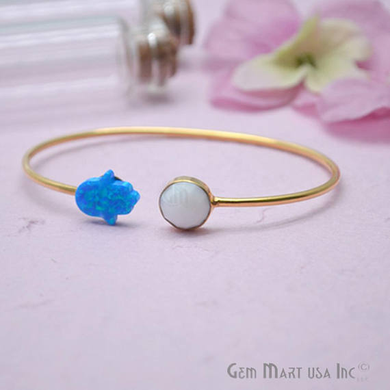 White Agate & Opal Adjustable Interlock Gold Plated Stacking Bangle Bracelet - GemMartUSA