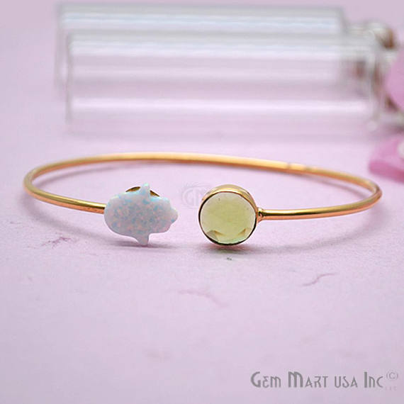 Peridot & Opal Handmade Adjustable Interlock Gold Plated Stacking Bangle Bracelet - GemMartUSA