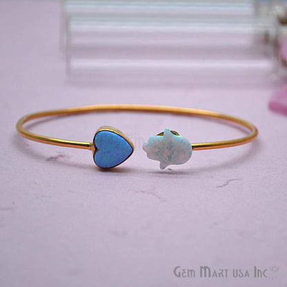 Opal Heart & Hamsa Shape Adjustable Interlock Gold Plated Stacking Bangle Bracelet - GemMartUSA