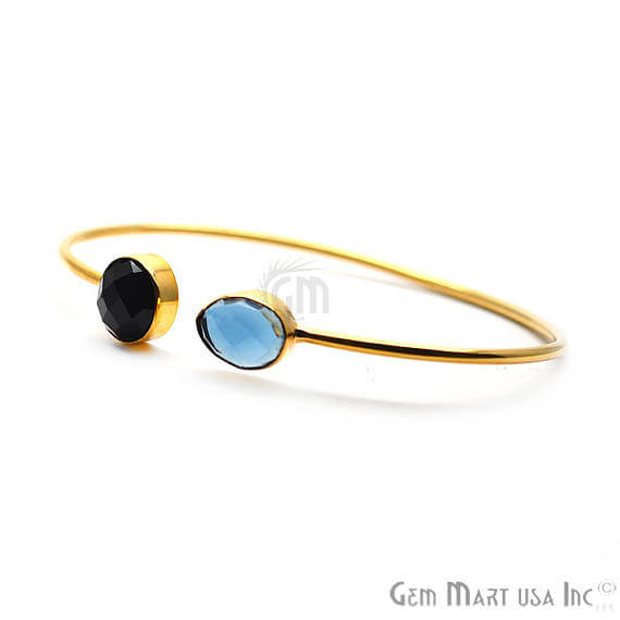 Black Onyx & Iolite Handmade AdjustaBle Gold Plated Stacking Bangle Bracelet - GemMartUSA