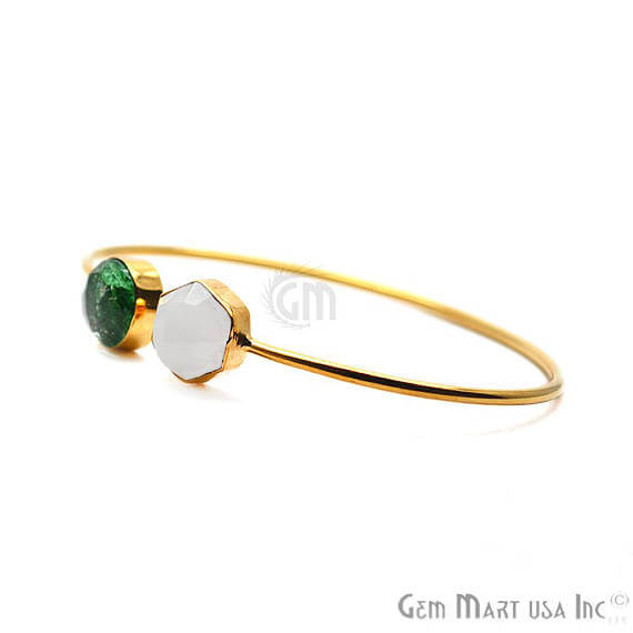 Green Infused & Rainbow Moonstone AdjustaBle Gold Plated Stacking Bangle Bracelet - GemMartUSA