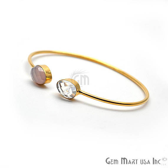 Crystal & Rose chalcedony Handmade AdjustaBle Gold Plated Stacking Bangle Bracelet - GemMartUSA