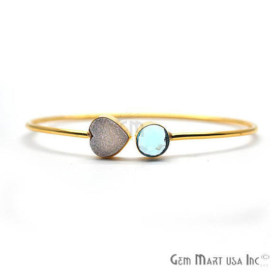 Blue Topaz & White Druzy Handmade AdjustaBle Gold Plated Stacking Bangle Bracelet - GemMartUSA