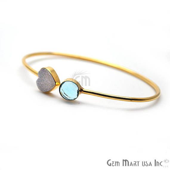 Blue Topaz & White Druzy Handmade AdjustaBle Gold Plated Stacking Bangle Bracelet - GemMartUSA