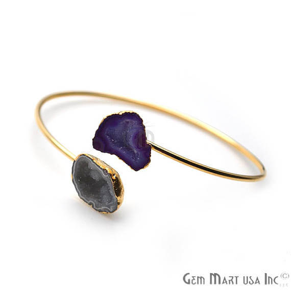 Gold Electroplated Adjustable Double Geode Druzy Stacking Bangle Bracelet - GemMartUSA