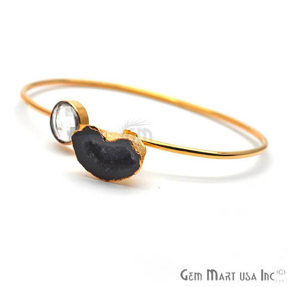 Gold Electroplated Adjustable Gemstone with Geode Druzy Stacking Bangle Bracelet - GemMartUSA