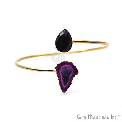 Gemstone With Druzy Gold Edged Adjustable Stacking Bangle Bracelet