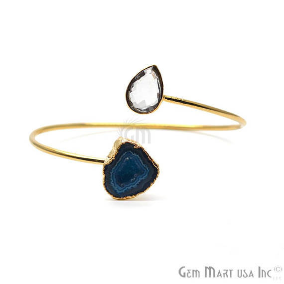 Gemstone With Druzy Gold Edged Adjustable Stacking Bangle Bracelet