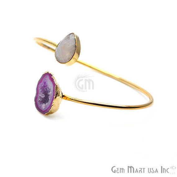 Gold Electroplated Adjustable Gemstone with Geode Druzy Stacking Bangle Bracelet - GemMartUSA