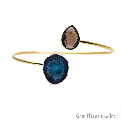 Gemstone With Druzy Gold Edged Adjustable Stacking Bangle Bracelet