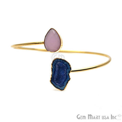 Gemstone With Druzy Gold Edged Adjustable Stacking Bangle Bracelet