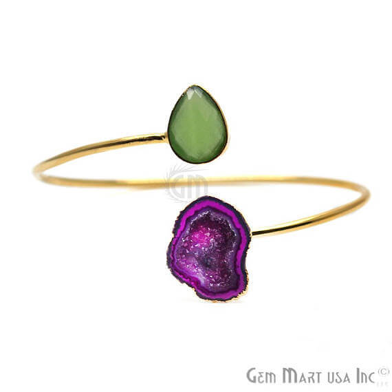 Gold Electroplated Adjustable Gemstone with Geode Druzy Stacking Bangle Bracelet - GemMartUSA