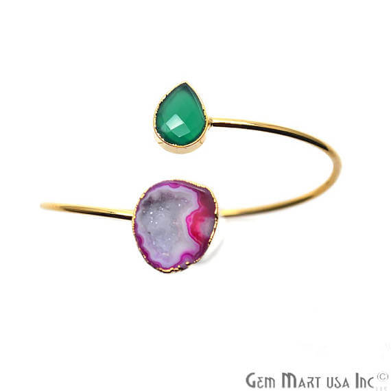 Gold Electroplated Adjustable Gemstone with Geode Druzy Stacking Bangle Bracelet - GemMartUSA