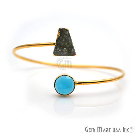 Gold Electroplated Adjustable Gemstone with Druzy Stacking Bangle Bracelet - GemMartUSA