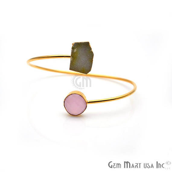 Gold Electroplated Adjustable Gemstone with Druzy Stacking Bangle Bracelet - GemMartUSA