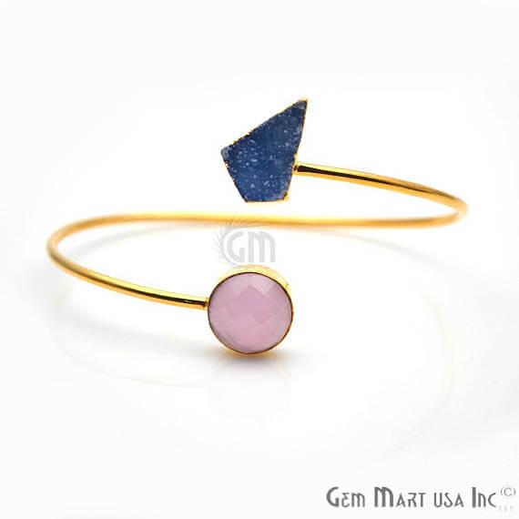 Gold Electroplated Adjustable Gemstone with Druzy Stacking Bangle Bracelet - GemMartUSA