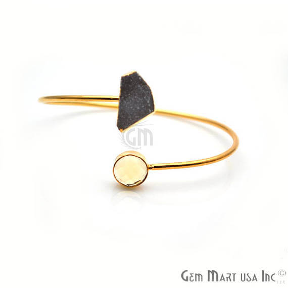 Gemstone With Druzy Gold Edged Adjustable Stacking Bangle Bracelet