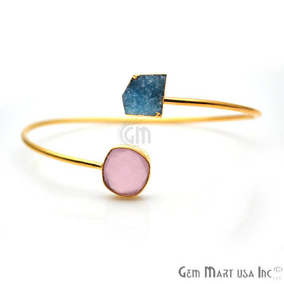 Gold Electroplated Adjustable Gemstone with Druzy Stacking Bangle Bracelet - GemMartUSA