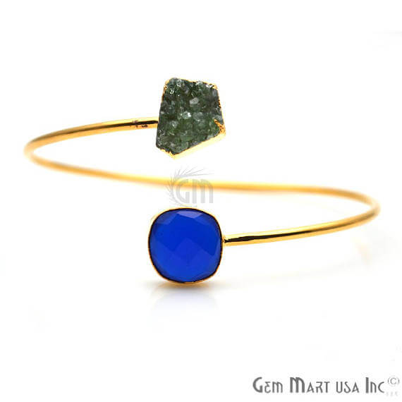 Gold Electroplated Adjustable Gemstone with Druzy Stacking Bangle Bracelet - GemMartUSA