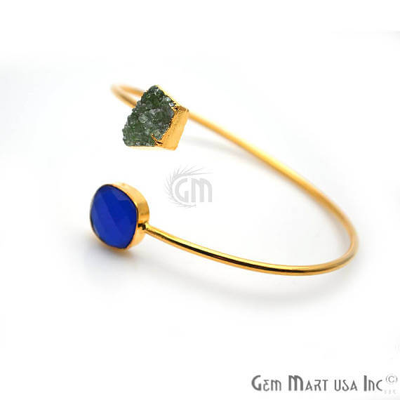 Gold Electroplated Adjustable Gemstone with Druzy Stacking Bangle Bracelet - GemMartUSA