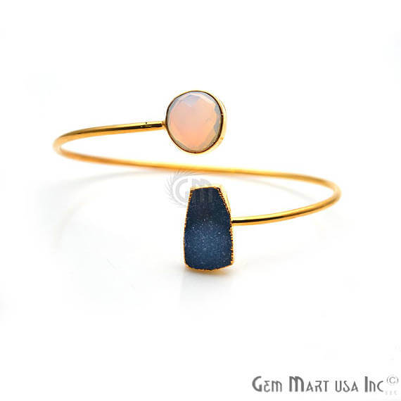 Gold Electroplated Adjustable Gemstone with Druzy Stacking Bangle Bracelet - GemMartUSA