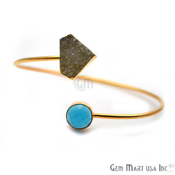 Gold Electroplated Adjustable Gemstone with Druzy Stacking Bangle Bracelet - GemMartUSA