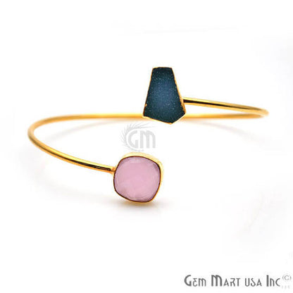 Gemstone With Druzy Gold Edged Adjustable Stacking Bangle Bracelet