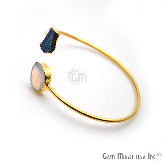 Gold Electroplated Adjustable Gemstone with Druzy Stacking Bangle Bracelet - GemMartUSA