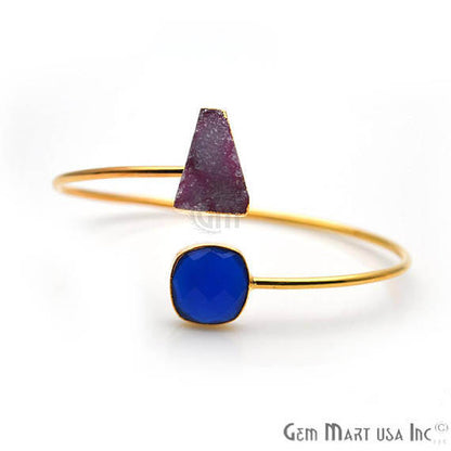 Gemstone With Druzy Gold Edged Adjustable Stacking Bangle Bracelet