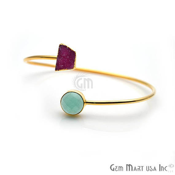 Gold Electroplated Adjustable Gemstone with Druzy Stacking Bangle Bracelet - GemMartUSA