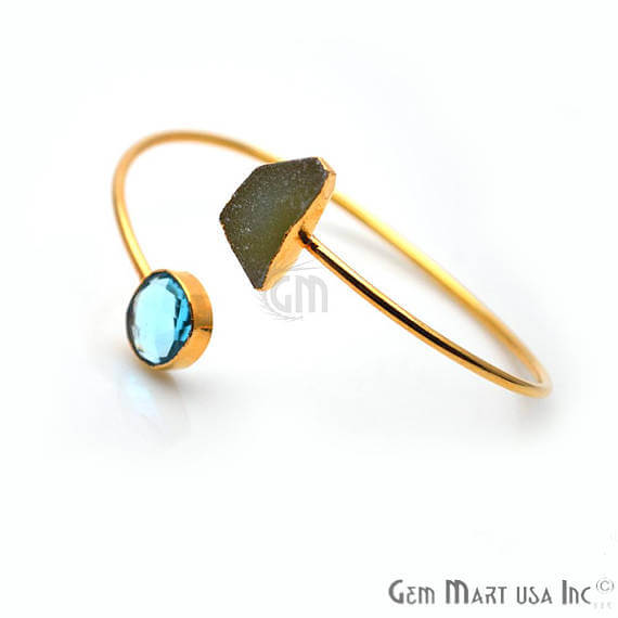 Gold Electroplated Adjustable Gemstone with Druzy Stacking Bangle Bracelet - GemMartUSA